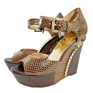 Michael Kors Brown Snake-Embossed Platform Wedge Boots with Gold Studs
